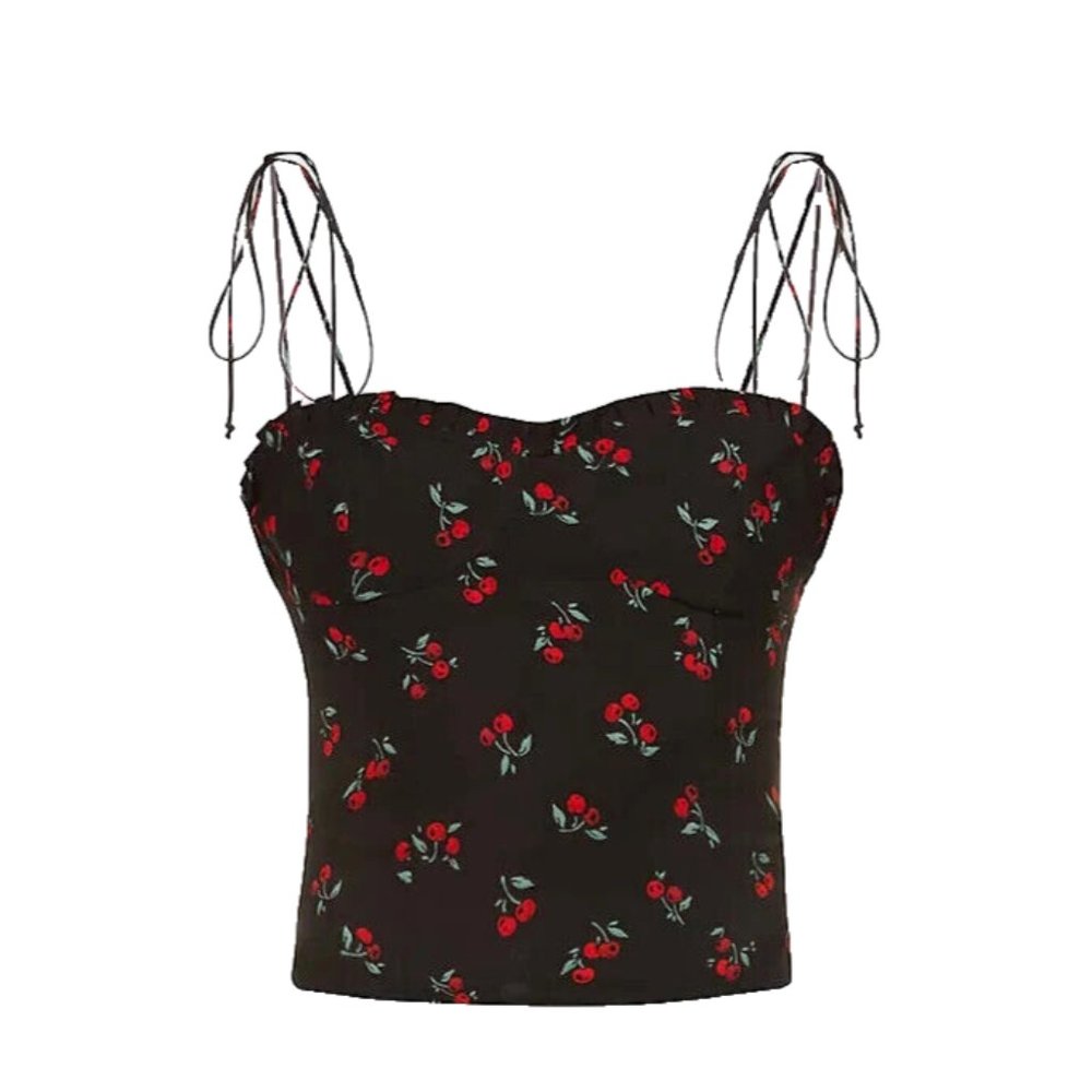 NWT Reformation Novena Top in Black Cherry Tie Strap Smocked Crop Blouse 10